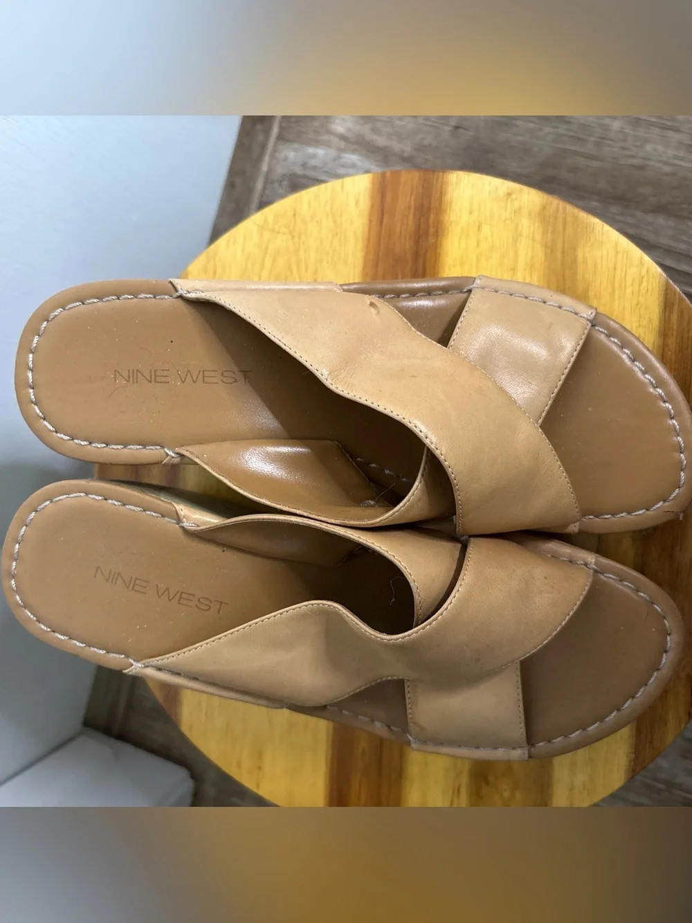 Nine West Sz 7M Leather Crossover Wedge Slide Sandals Comfort Women's Boho Y2K